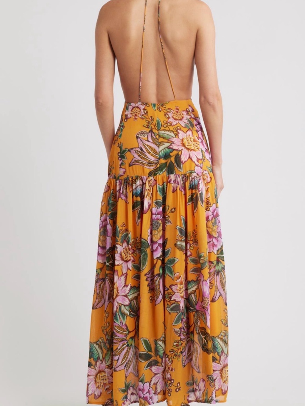 $320 FARM Rio Mustard Floral Backless Sexy Maxi Dress Wedding Guest XXS Halter
